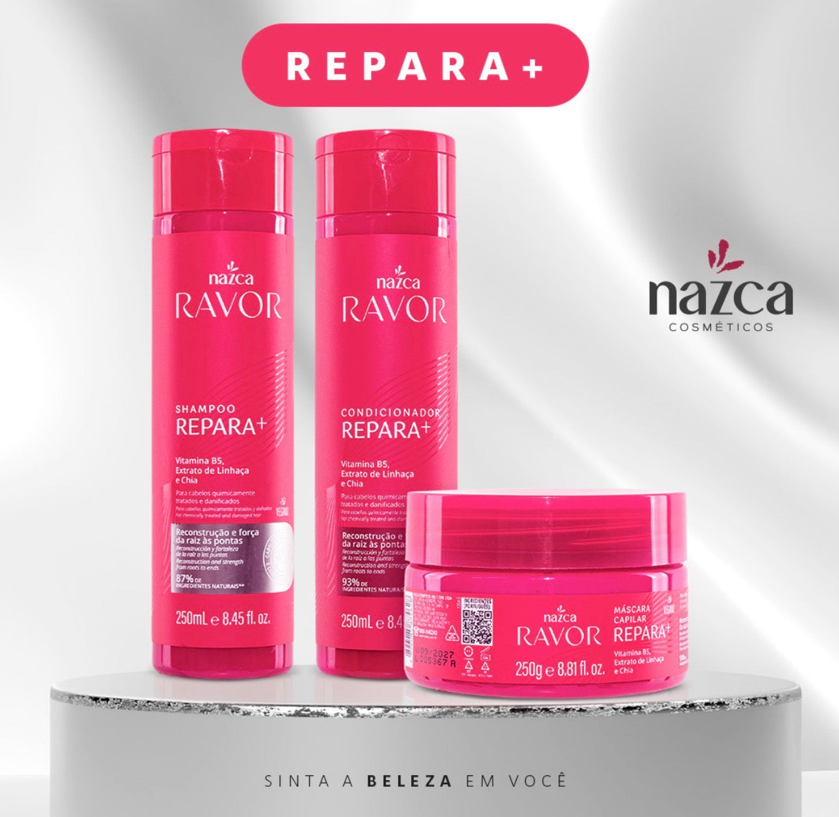 Nazca Ravor Repara+ Hair Repair Kit – Shampoo, Conditioner & Deep Treatment Mask | Vitamin B5, Flaxseed & Chia | Brazilian Hair Care for Damaged