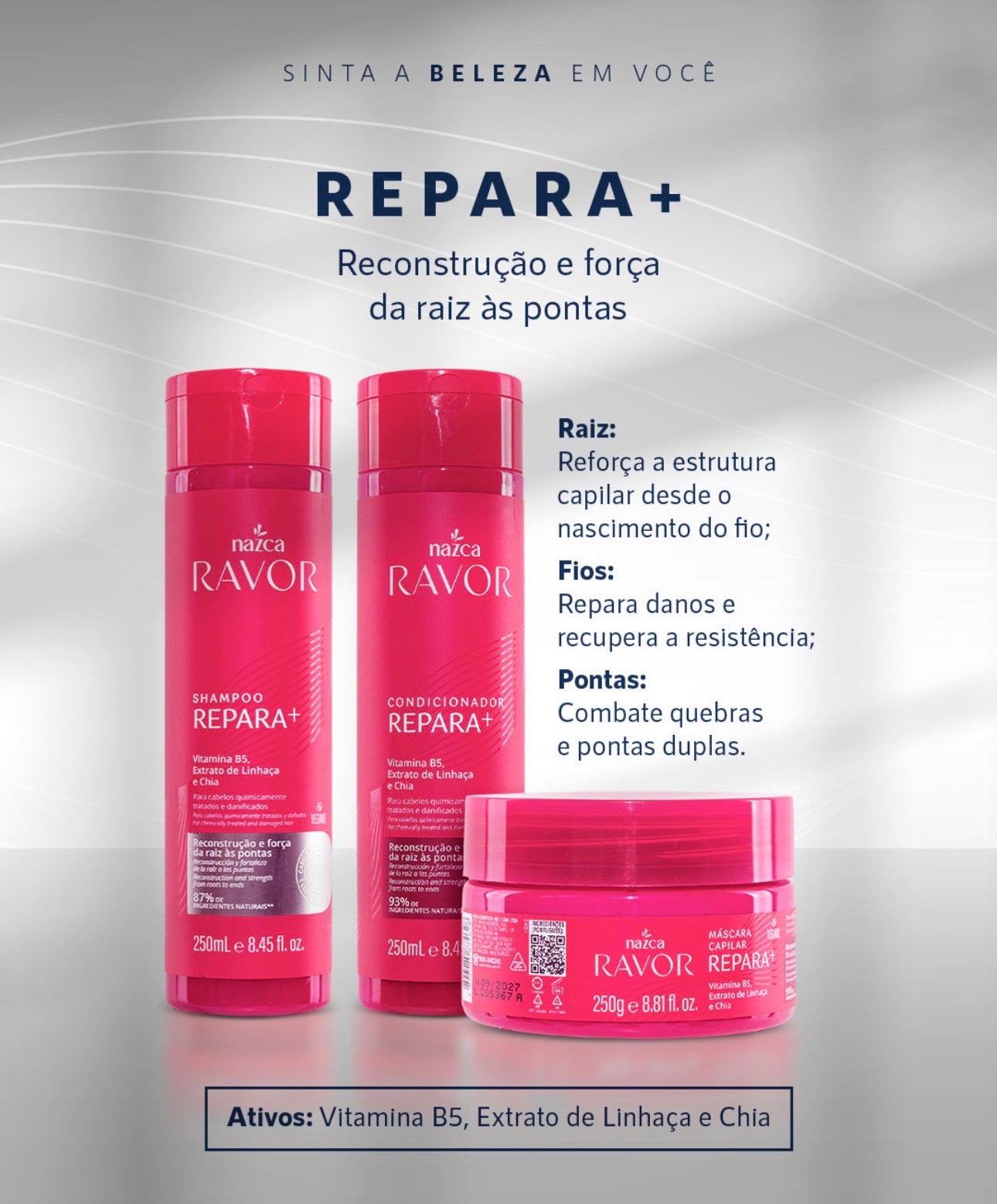 Nazca Ravor Repara+ Hair Repair Kit – Shampoo, Conditioner & Deep Treatment Mask | Vitamin B5, Flaxseed & Chia | Brazilian Hair Care for Damaged